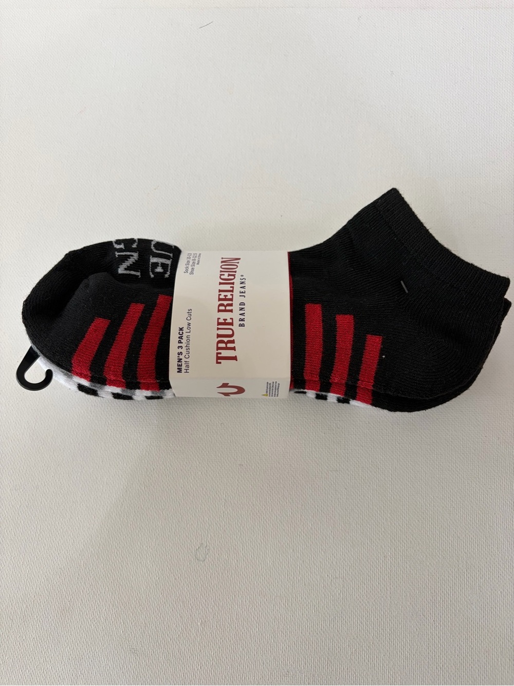 True Religion Mens 3 Pack Half Cushion Low Cut Socks Black Red White Size 10-13